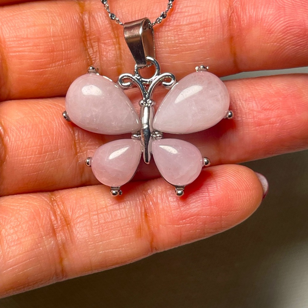 Rose Quartz Butterfly Pendant with Stainless Steel Chain